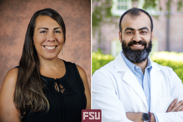 A side-by-side composite image features a smiling woman with long brown hair on the left and a smiling bearded man in a white lab coat on the right, with a Florida State University (FSU) logo centered at the bottom.
