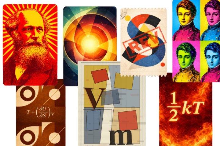 This artwork collage visually represents several foundational concepts and historical figures in thermodynamics and statistical mechanics.