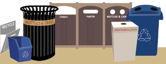 A banner of the various recycling bins on campus. From left to right: the in-wall embedded recycling chutes in residence halls, a silver color with handle and white text of the word ‘RECYCLE’; a small blue bin with the tri-arrow recycle symbol in white on the front, found in dorm rooms; a black metal garbage can, with a gold banner around it near the top featuring red text that reads ‘BOTTLES & CANS’; across the center and back of the image is a series of three recycling bins, embedded into a light brown wooden structure, each a darker brown, the first features a white rounded top and reads ‘TRASH’ in white text, in the center the bin features an opening near the top shown in white and ‘PAPER’ written below in white text, and the final one has two round holes near the top, once again shown in white with the text ‘BOTTLES & CANS’ written underneath in white.