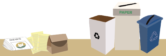 On the left side of the image is a collection of paper recyclables, from left to right: a newspaper, three sheets of paper in yellow, and a paper bag. On the right side of the image are three paper recycling bins, from left to right: a white square bin with the tri-arrow recycling symbol on the front in black, a taller off-white square bin, the lid on top has a narrow slit and the edge reads ‘PAPER’ in green text. Finally there is a thin blue bin, with the tri-arrow recycling symbol on the front in white, and a narrow diagonal opening on the top.