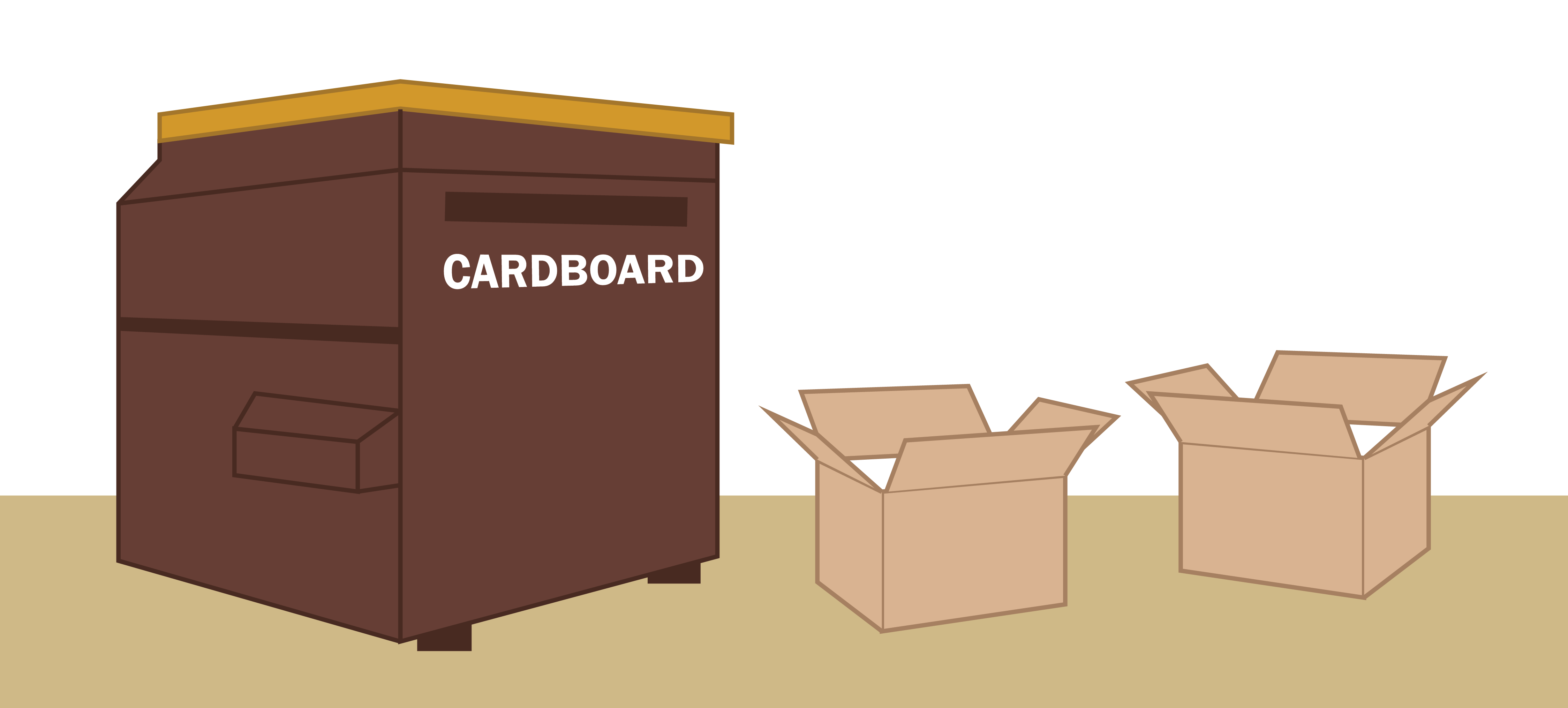 On the left side of the image is a large blue dumpster, there is a narrow slit on the right side, and underneath it reads ‘CARDBOARD’ in white text, next to that near the center of the image are two open cardboard boxes.